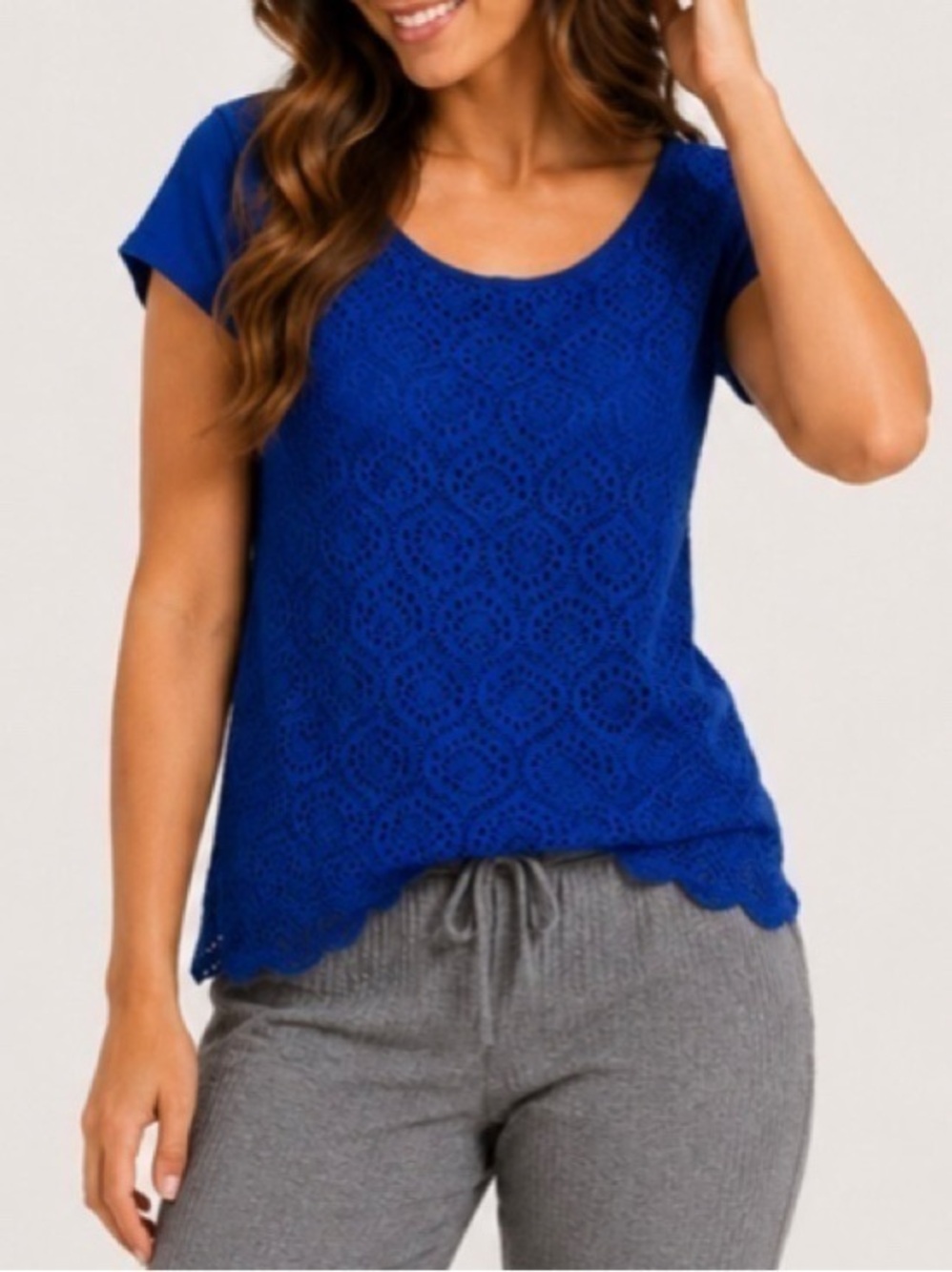 Liz Clairborne Short Sleeve Top Crotchet Front Size Large